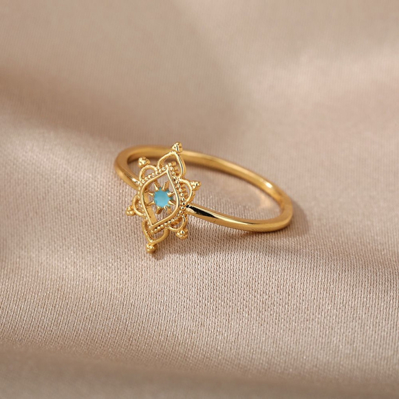 NEW Women's Blue Hexagon Star Flower Gold-Plated Band Ring Size‎ 7 - Picture 4 of 8